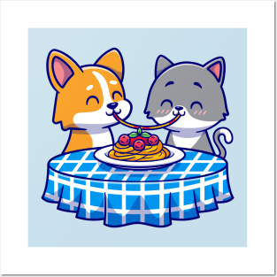 Cute Couple Cat And Corgi Dog Eating Spaghetti Together Cartoon Posters and Art